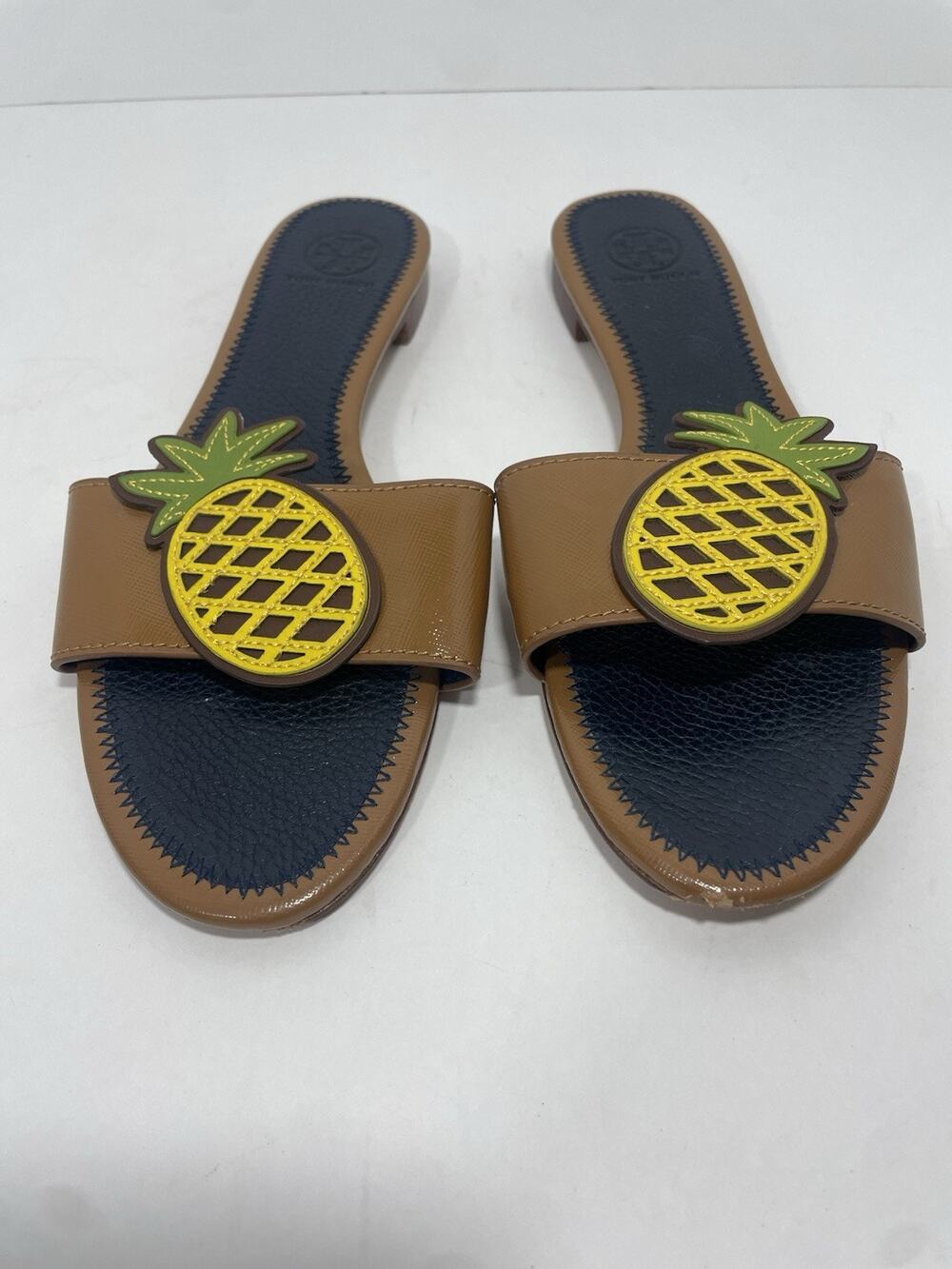 Tory Burch Brown Leather Pineapple Slide Sandals Size 8.5 Tropical Resort Luxury
